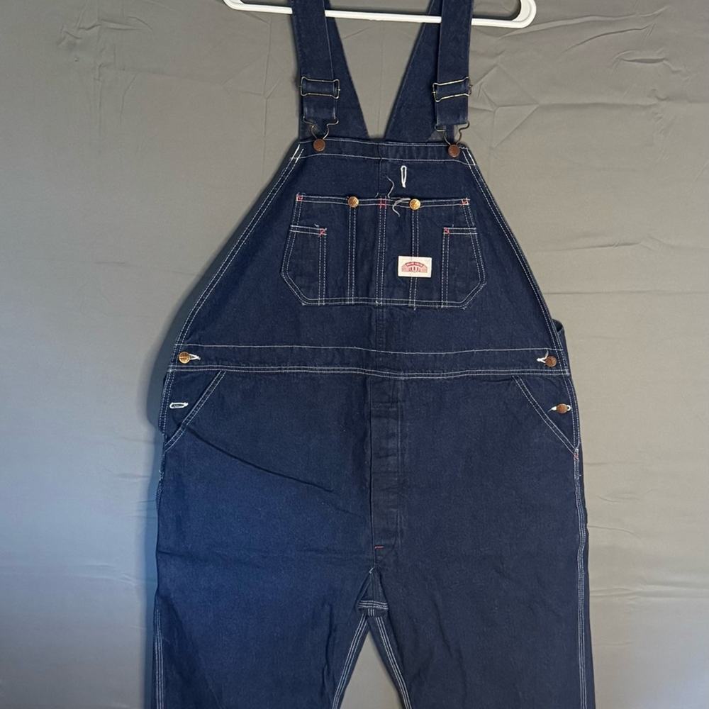 VINTAGE ROUNDHOUSE, MADE IN USA, ZIPPER FLY BLUE DENIM BIB OVERALLS, Men’s 48x28